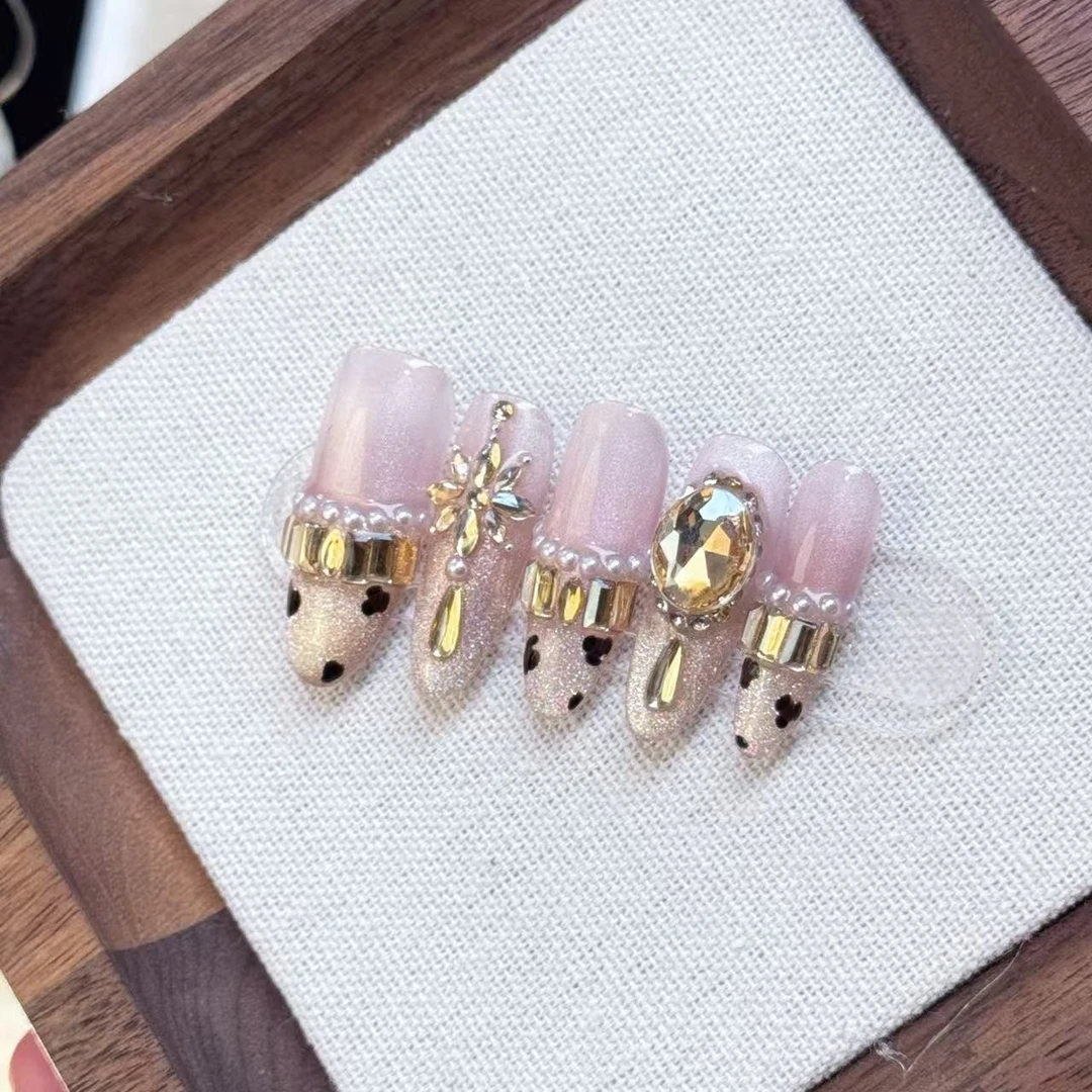 【香槟丝绸】纯手工穿戴甲豹纹猫眼设计秋冬高级感可重复佩戴美甲