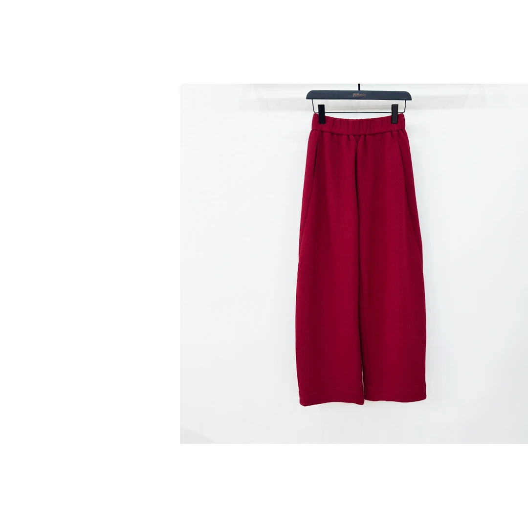 JIAYE CHAN红色蓬松肌理感松紧高腰阔腿休闲裤