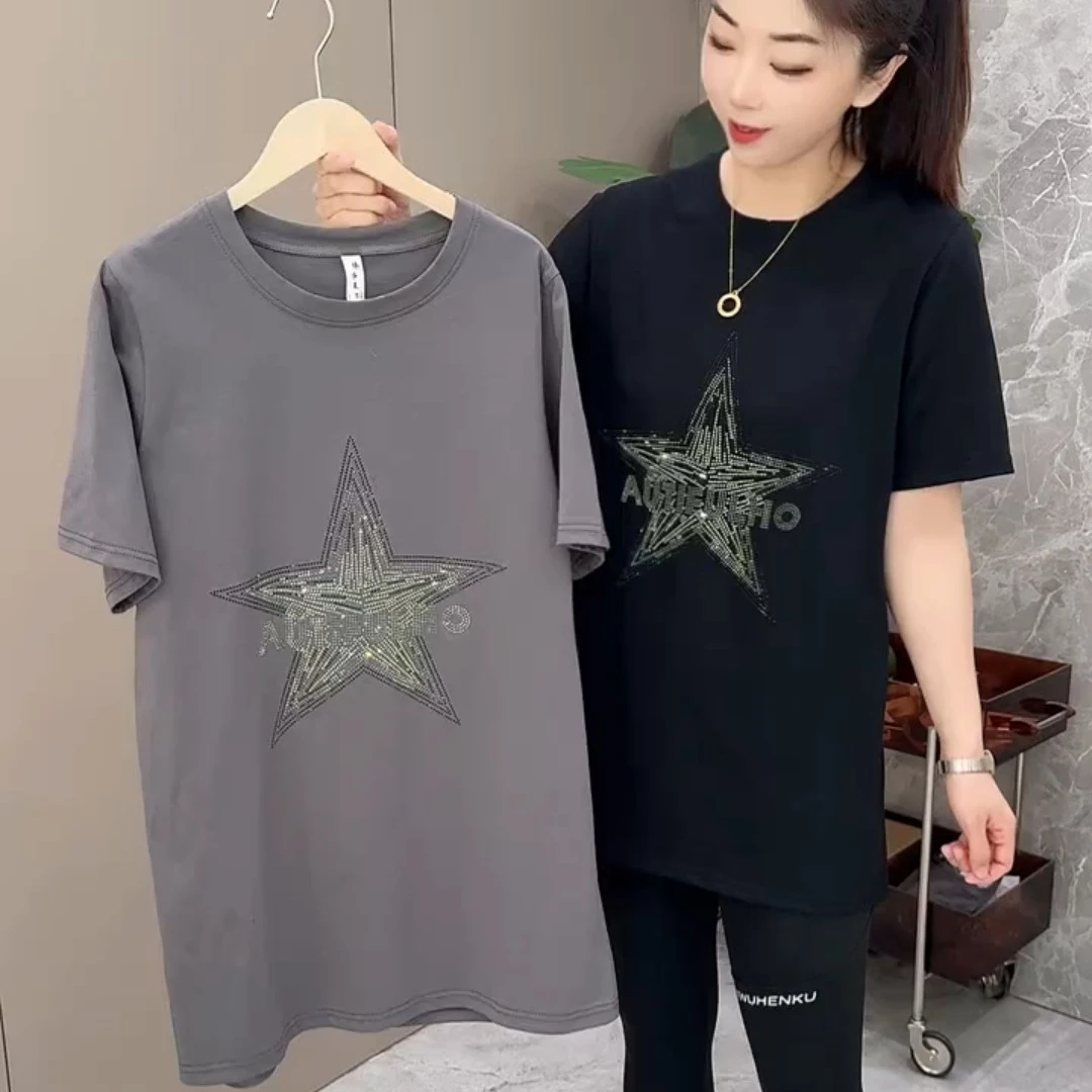 欧货潮牌五角星烫钻短袖T恤女春夏25新款宽松中长款上衣打底衫潮