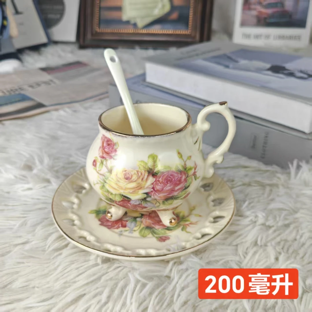 【玲珑专属】陶瓷欧式描金老镇玫瑰四脚咖啡杯