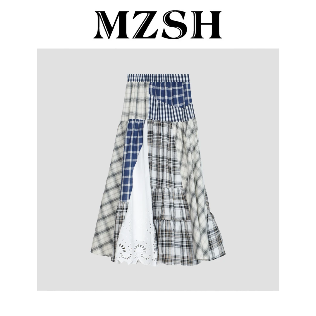 【MZSH】拼接格纹春夏休闲钩花松紧腰半身裙DLMZSH9278
