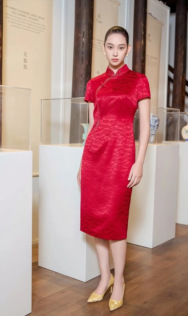 170296朱紫䄖提花祥云简约优雅旗袍