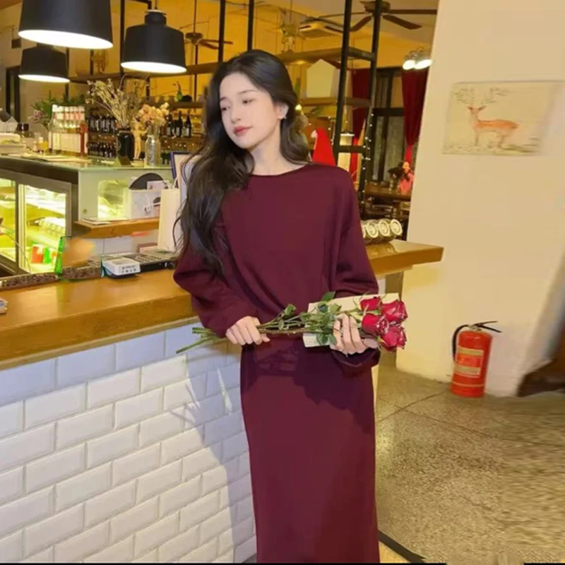 【商场同款】早春新款时尚宽松休闲针织衫半身裙套装女168001