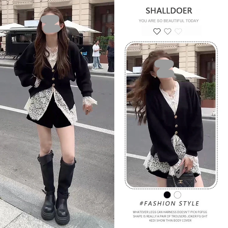 复古港风时髦套装女2025春秋新款针织开衫外套蕾丝衬衫短裤三件套