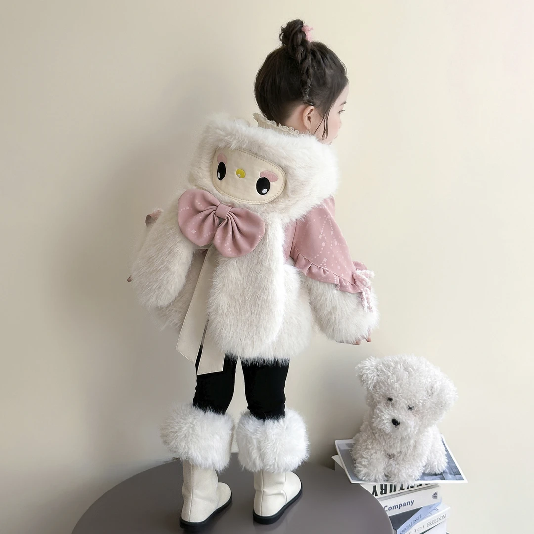 女童秋冬超可爱仿皮草外套儿童蝴蝶结连帽时尚毛毛衣宝宝保暖上衣