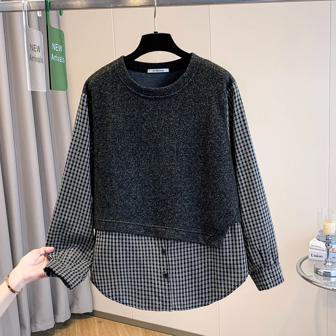 大码女装胖mm240斤复古格纹拼接假两件圆领卫衣宽松休闲百搭上衣