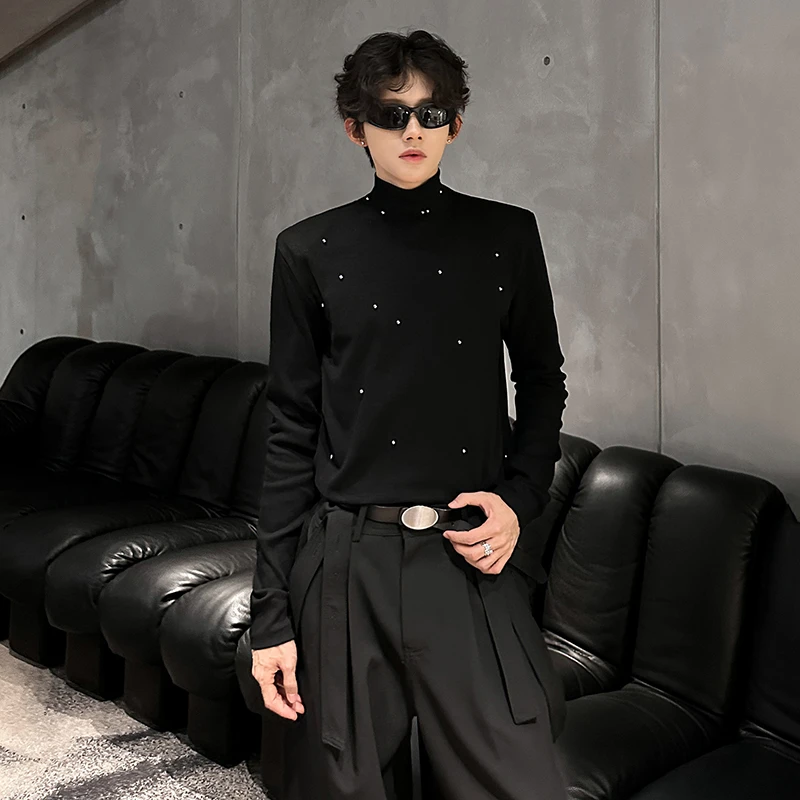 高级感垫肩设计小众珍珠潮牌打底衫男秋冬季修身痞帅内搭长袖T恤