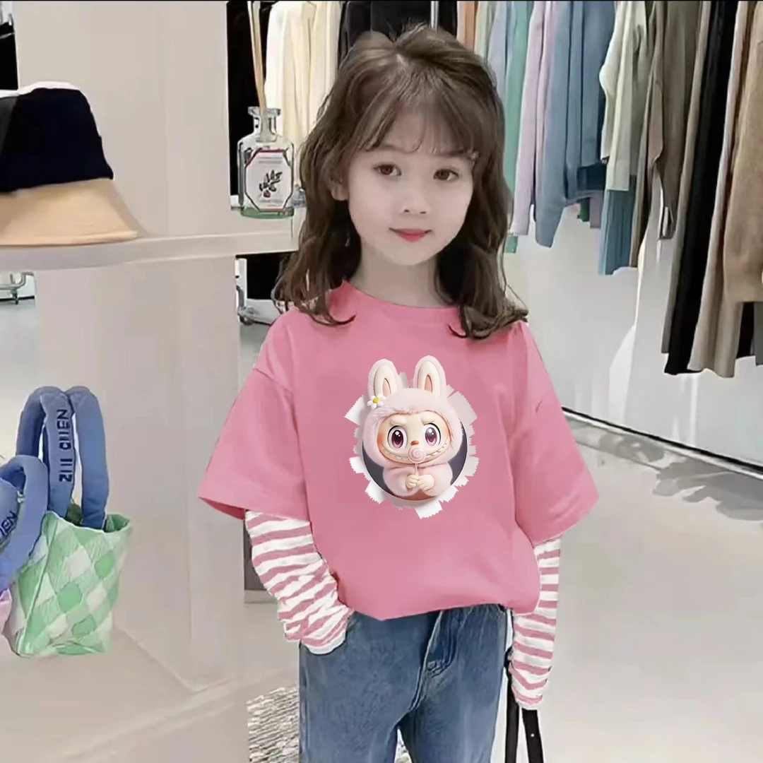 拉布布纯棉儿童新款女童宽松百搭假两件长袖T恤春秋打底外穿上衣