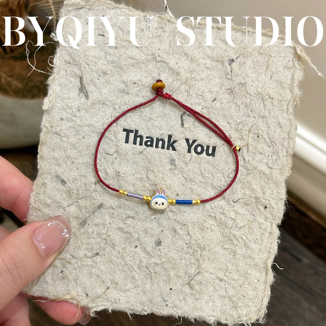 925银布艺手链 S925银珐琅彩布布兔子酒红色手链一条