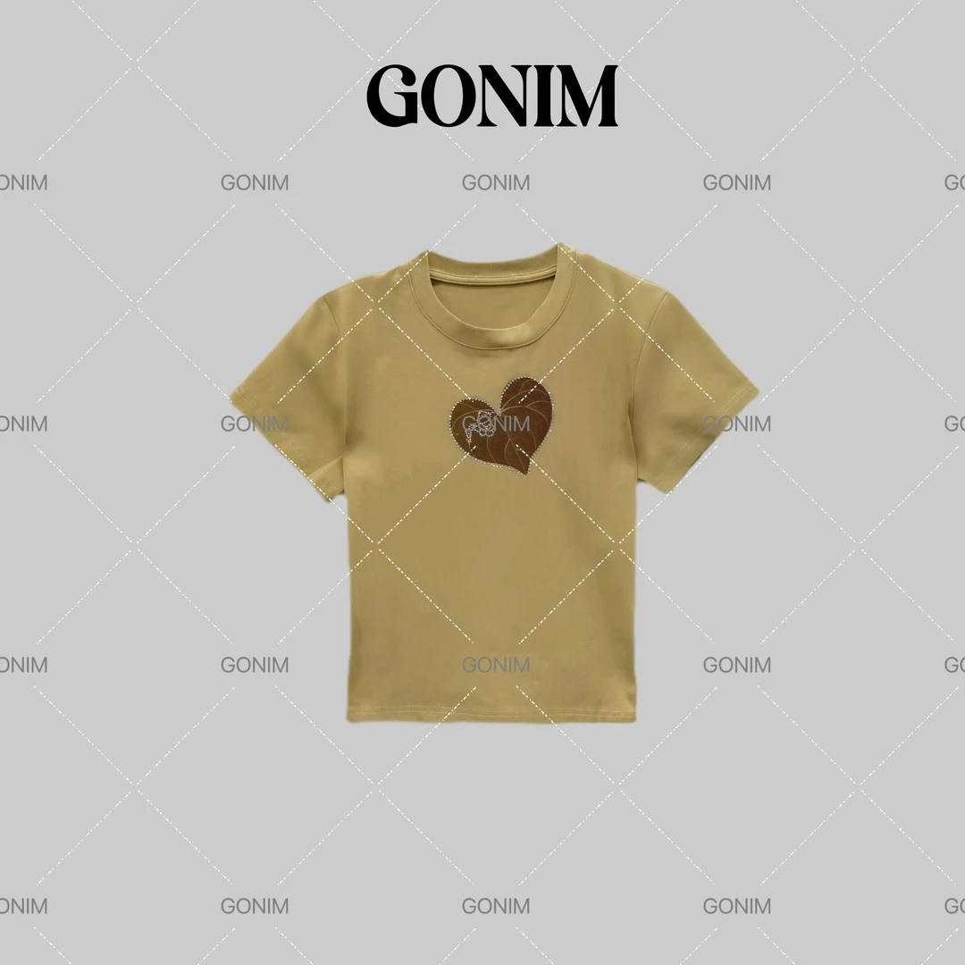 Gonim· "爱心树叶"2025春夏款小众时髦烫钻显瘦百搭短袖T恤上衣女
