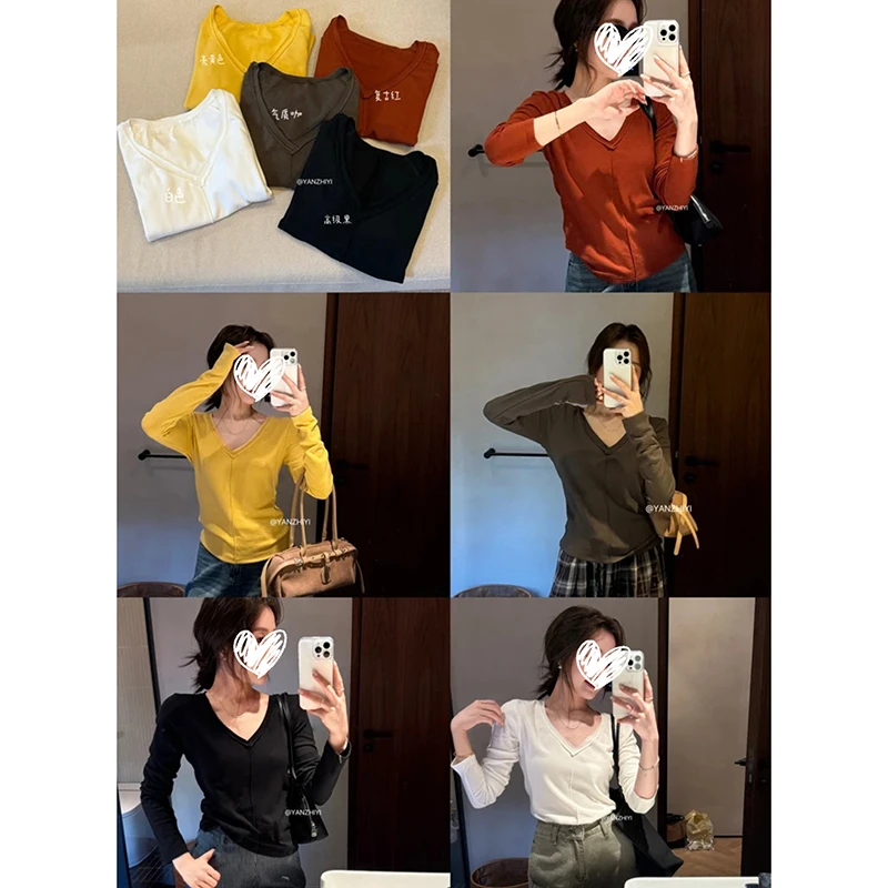 【线条T】简约不失气质感双层卷边V领修身设计感长袖内搭上衣