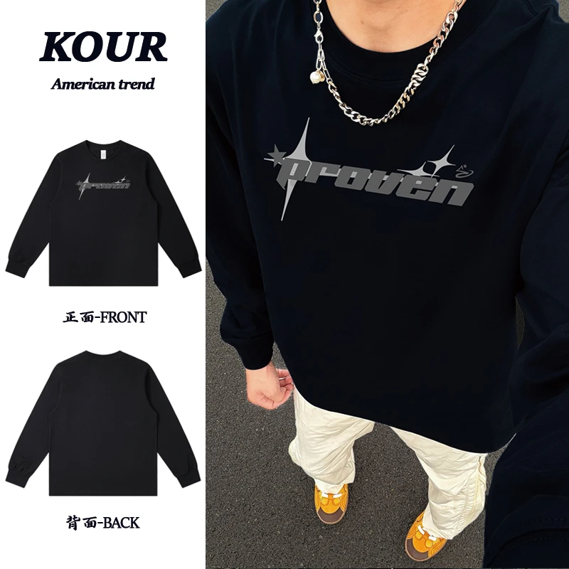 美式高街简约幸运星印花上衣重磅纯棉宽松百搭圆领落肩长袖T恤