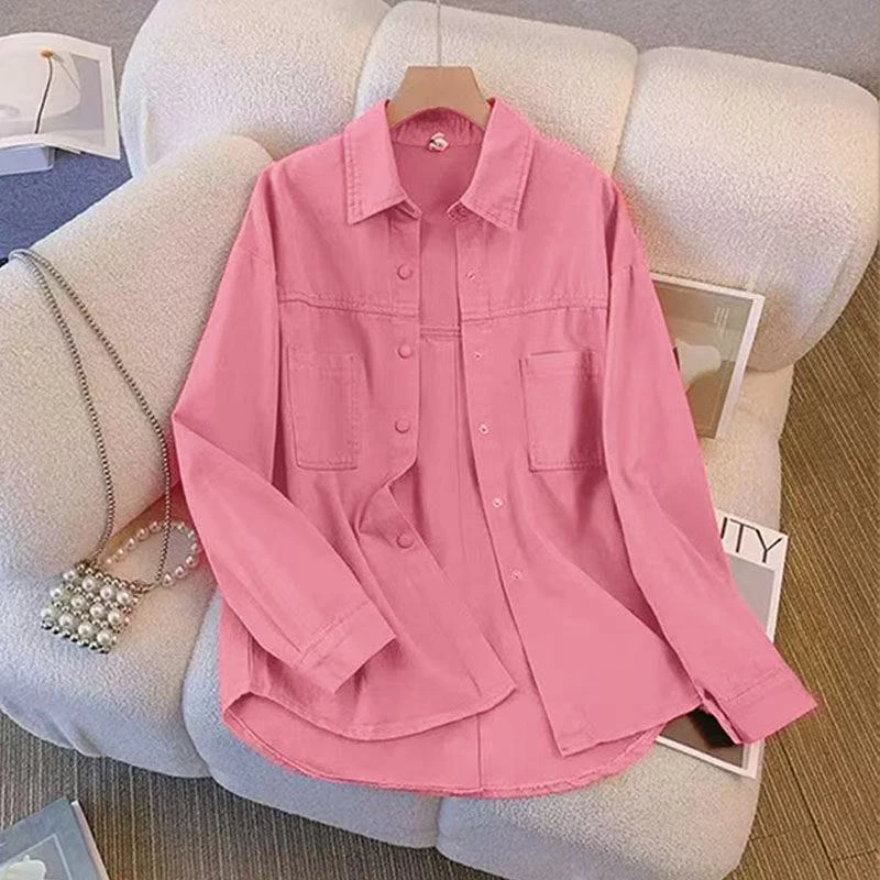 [牛仔洗水棉衬衣] 2025新款韩版时尚宽松衬衫女休闲百搭外套