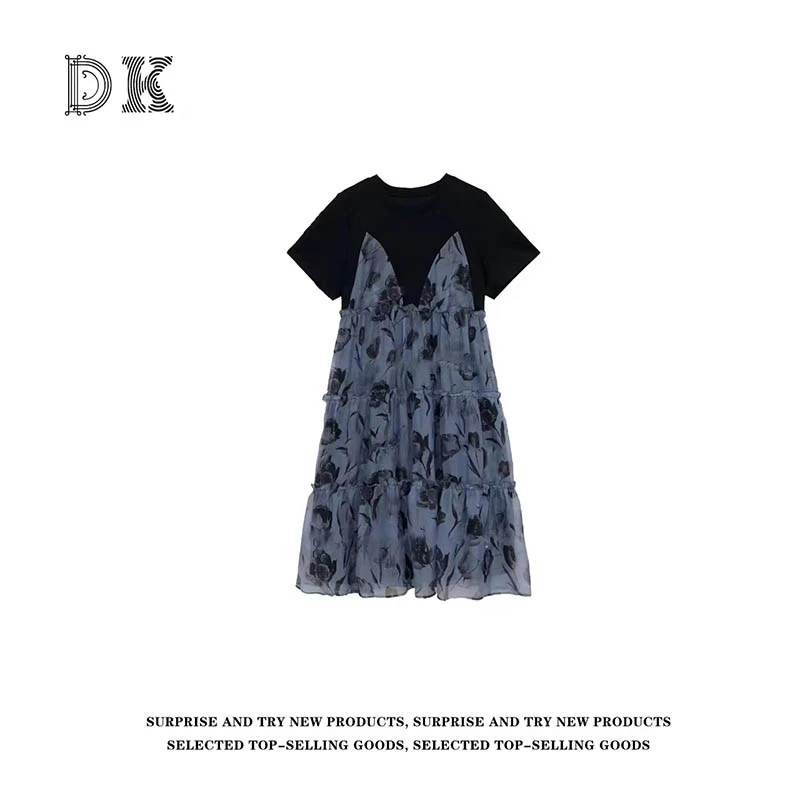 DK 2025夏季女装高级感烫钻印花减龄假两件短袖连衣裙 69611
