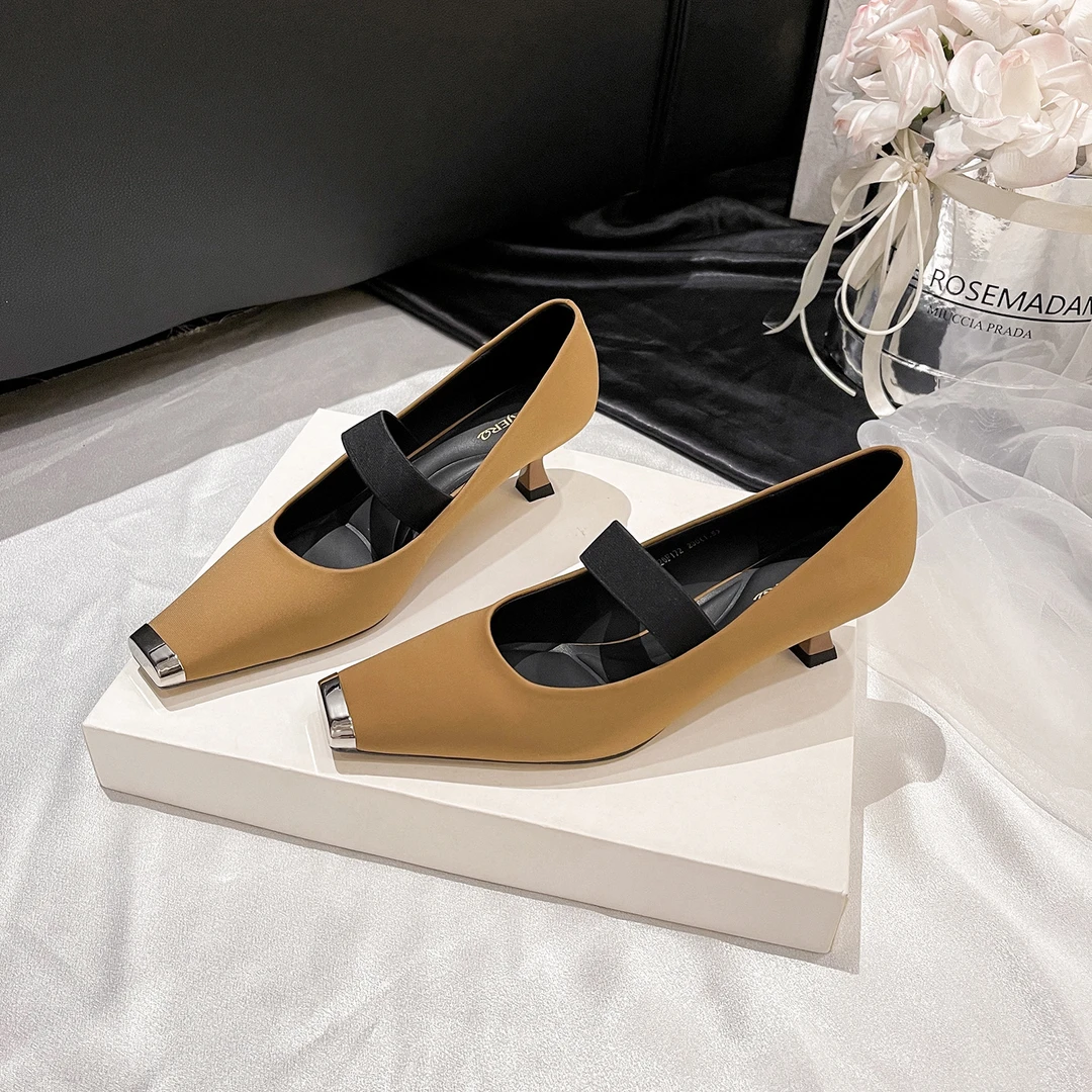 金属方头细跟中跟鞋2025春季韩版新款一字带软皮百搭单鞋26F172