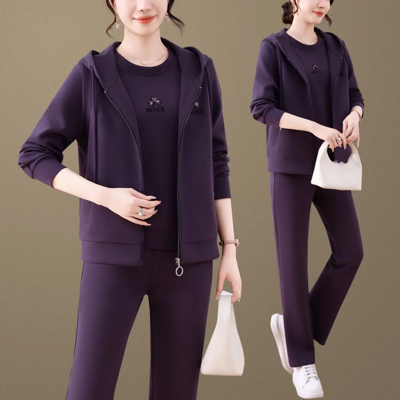 春秋款气质马甲运动女装卫衣三件套舒适直筒裤简约洋气潮款套装女