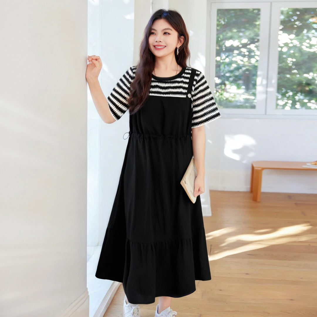 【条纹拼接假两件连衣裙】MsShe大码女装新款显瘦长裙X~Q2506040