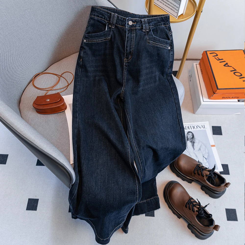 7512#阔腿裤时尚显瘦气质2025春季新款大码设计感双色百搭牛仔裤