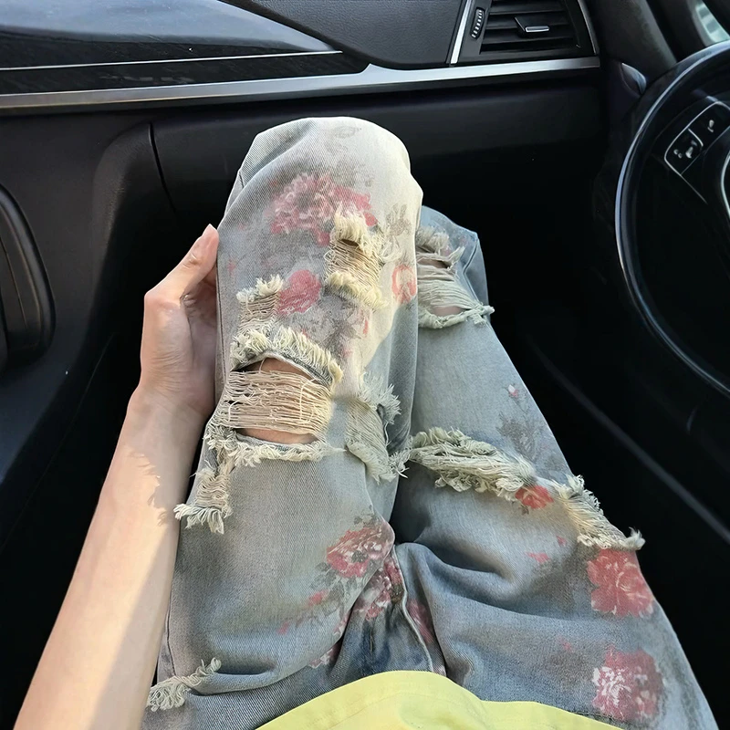 花卉破洞牛仔裤男女夏薄款复古显瘦加长裤美式痞帅直筒微喇花裤子