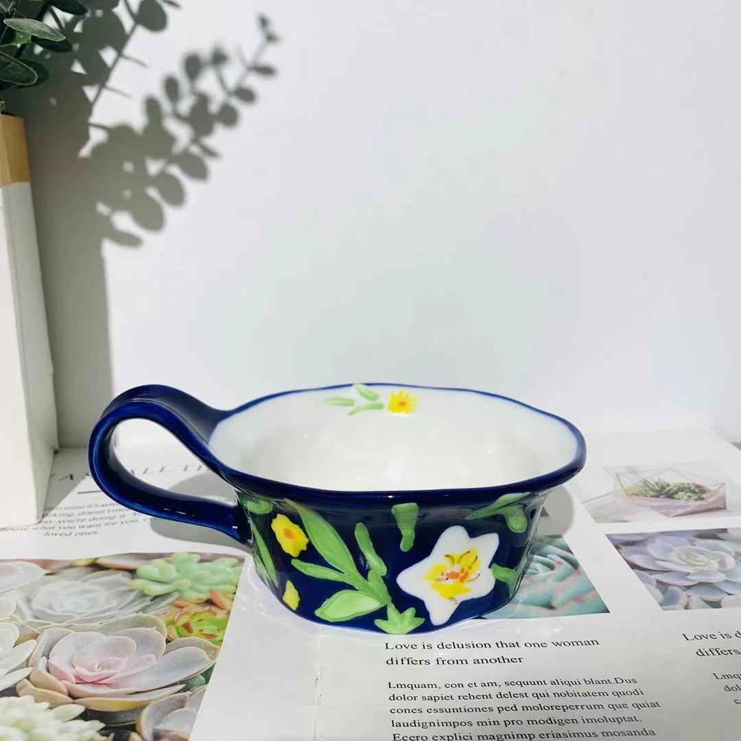 水仙花手绘6寸宽口曲把汤碗