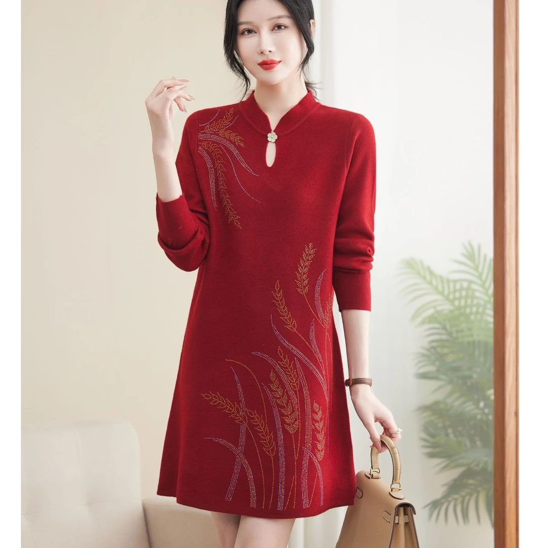 喜妈妈秋装新款打底毛衣裙子新中式妈妈装女洋气高贵秋冬连衣裙