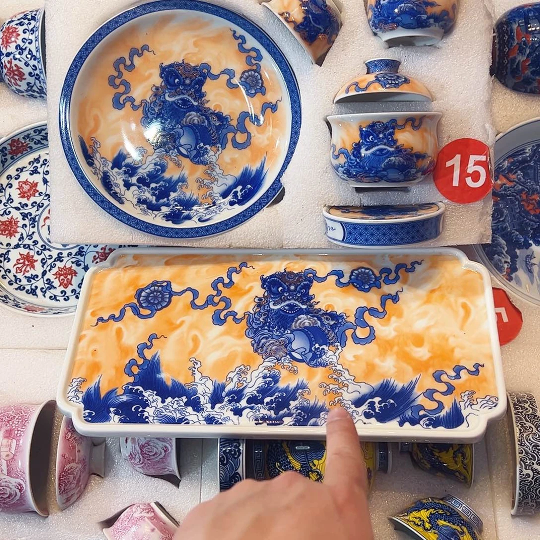 沃***島描金醒狮五件套+茶盘