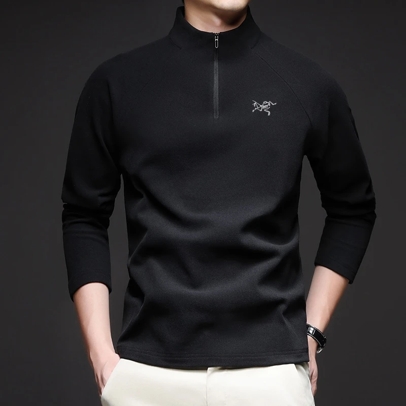 【奥莱撤柜】秋冬刺绣鸟德绒立领T恤男户外休闲半高领打底卫衣男