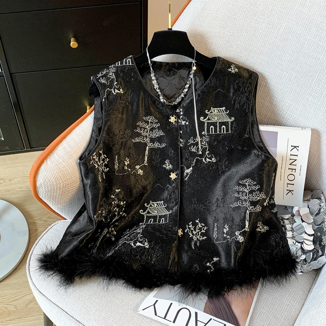 秋季新中式无袖背心女外穿国风刺绣马夹宽松坎肩马甲