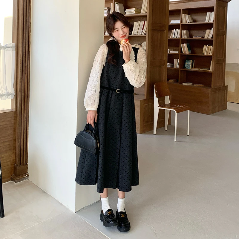 韩里韩气富家千金套装裙女2025早春季气质蕾丝衫波点连衣裙两件套