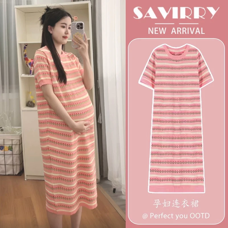运费险夏季2026新款条纹连衣裙修身显瘦中长款休闲T恤连衣裙外穿