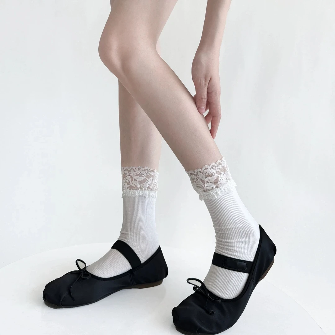 衣人花/夏季棉细条糖果色系中筒袜蕾丝花边薄款堆堆