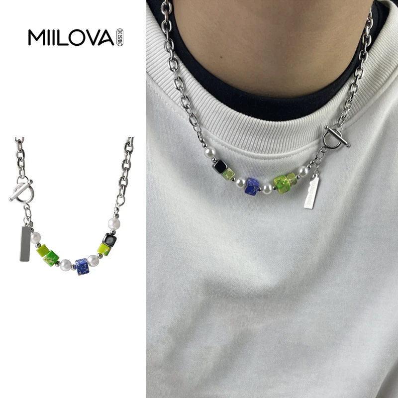 钛钢项链 方块珍珠复古项链男女ins嘻哈国潮风毛衣链钛钢情侣配饰