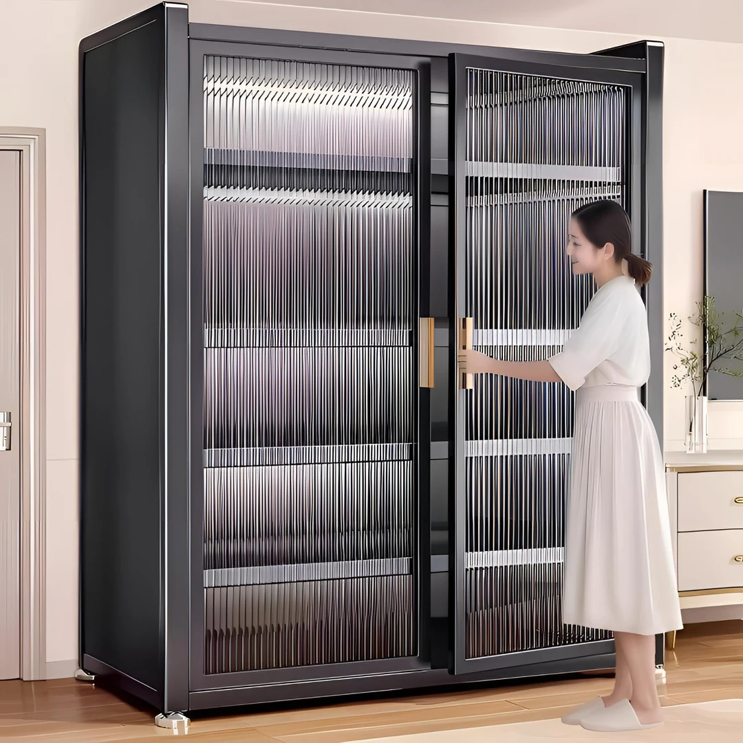 对开门厨房置物架落地多层收纳柜家用微波炉防尘多功能储物柜橱柜