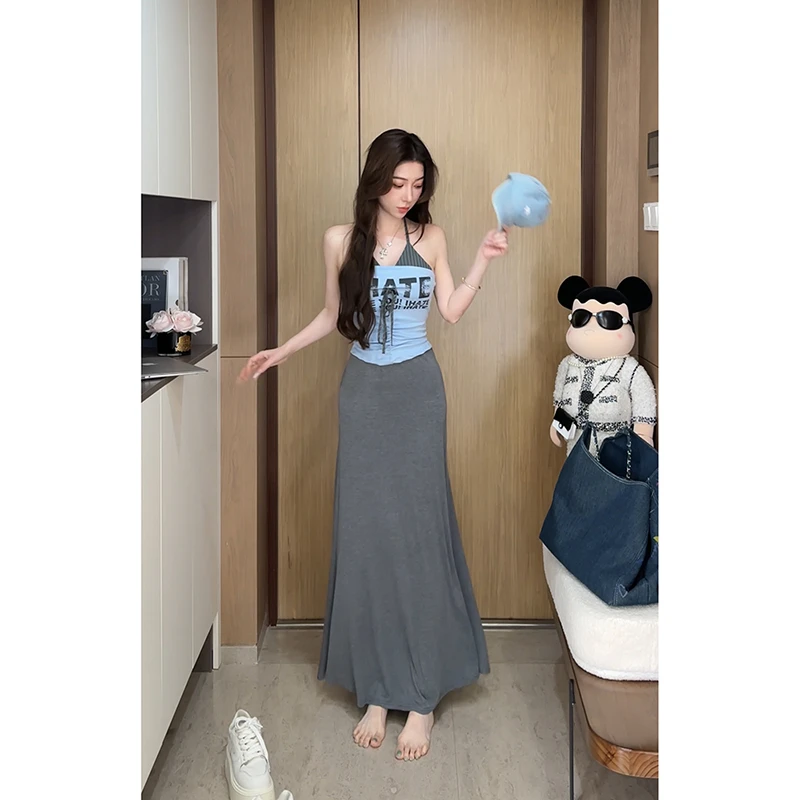 小雨姐姐新款【墨灰半裙】时尚设计感高腰a字休闲修身垂感半身裙女