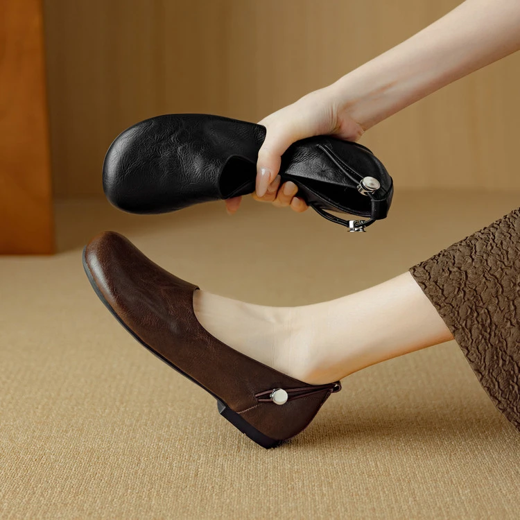 里外全真皮超软韩版圆头单鞋女平底软底懒人鞋2025春秋新款小皮鞋