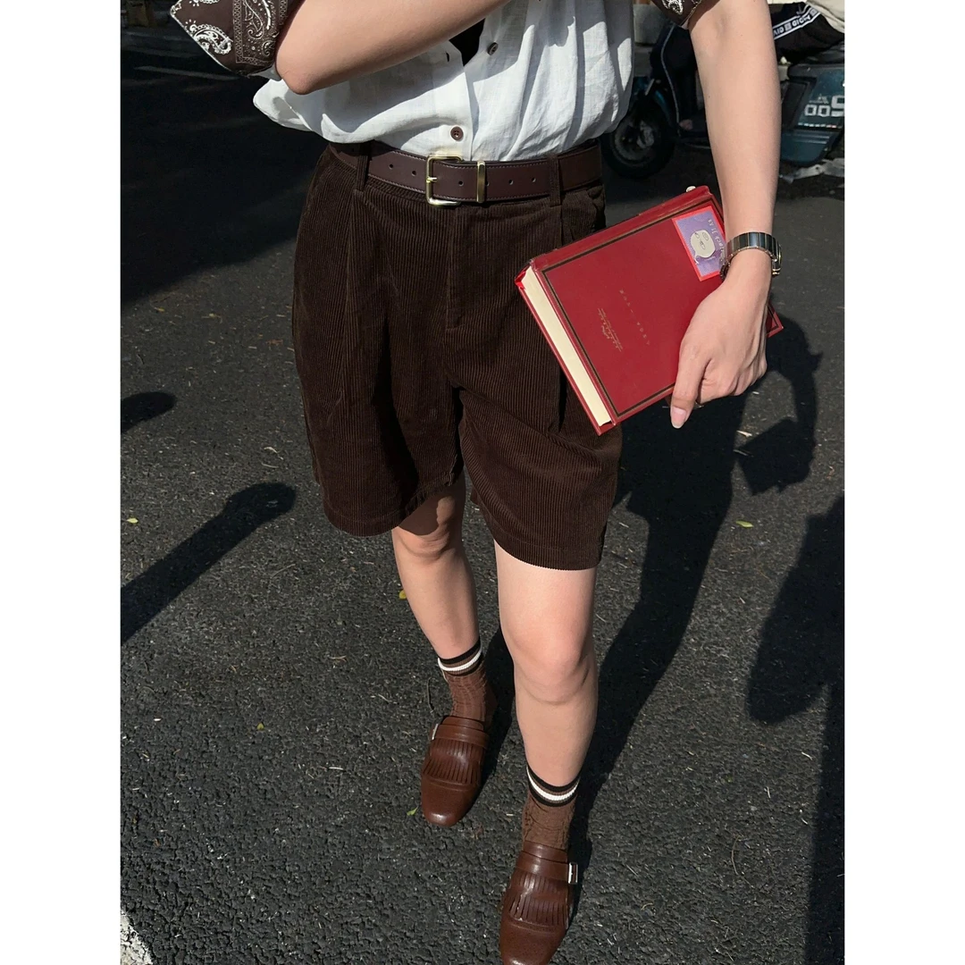 【速界咖】灯芯绒设计感阔腿中裤高腰显瘦女款带腰带Y227