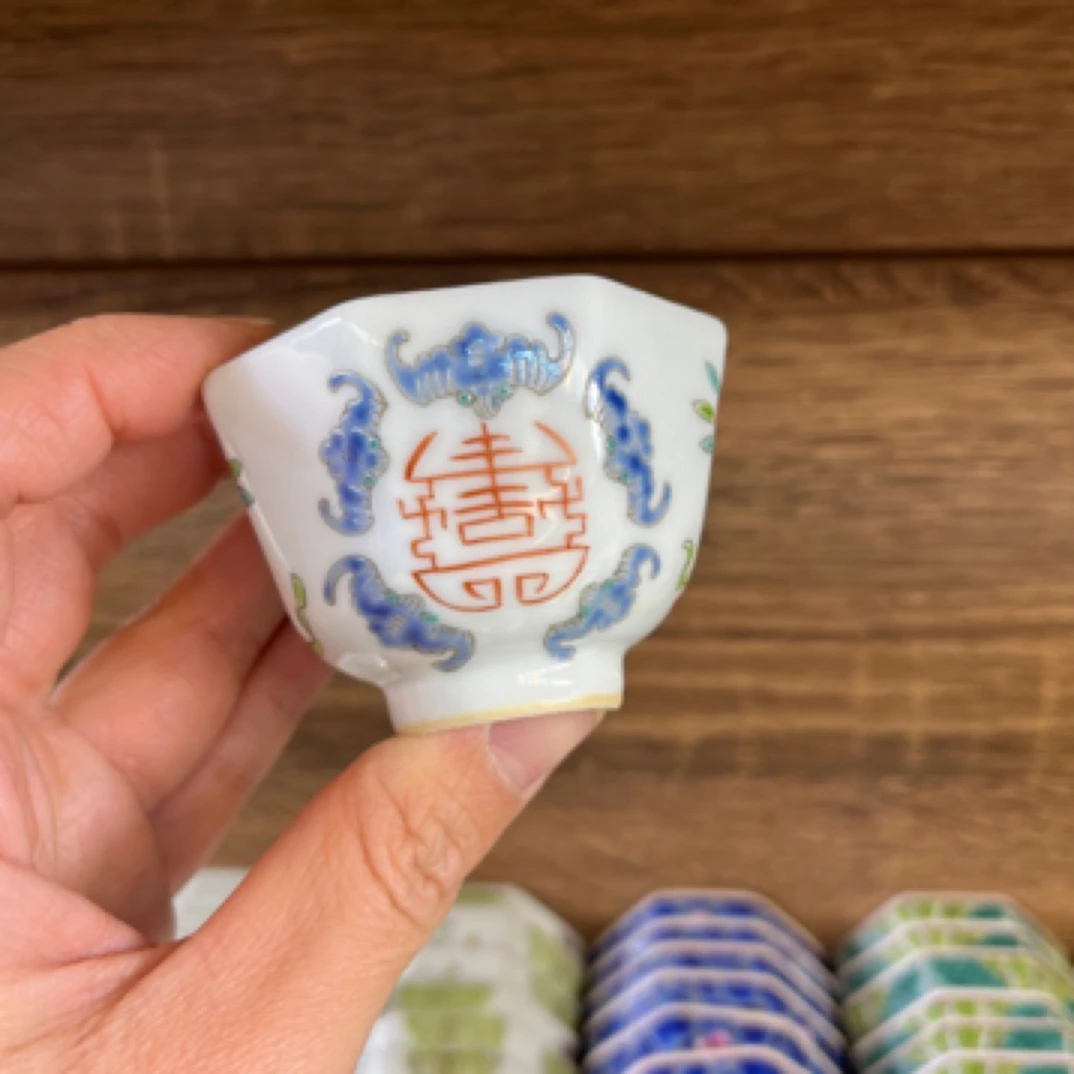 景德镇陶瓷八方杯手绘五福捧寿茶杯40cc容量