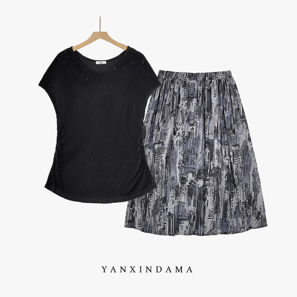 【岩心】大码女装300斤胖MM时尚圆领修身亮闪T恤半身裙套装67013