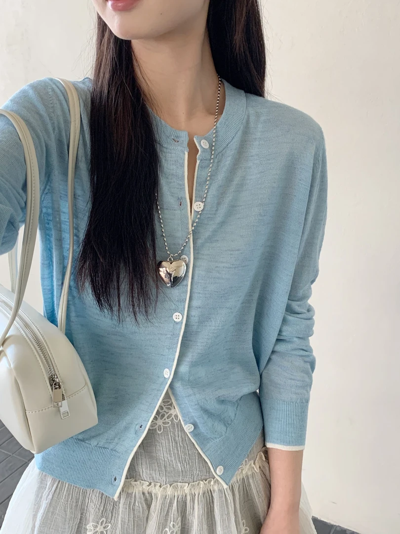 【玥玥家】幻彩亚麻-彩色纱线-时尚百搭薄款长袖针织开衫