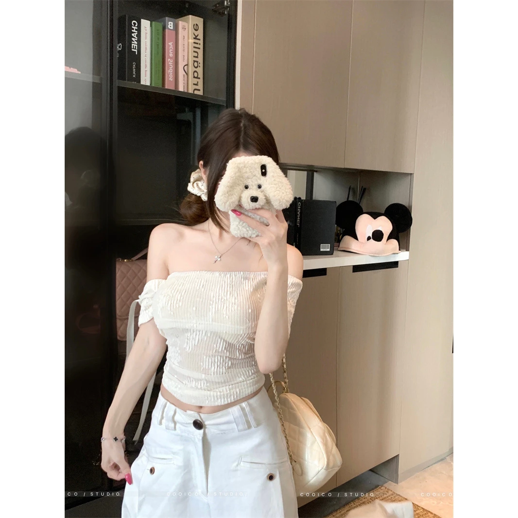 法式蕾丝一字肩短袖恤女夏季蝴蝶结绑带露肩短款性感甜辣妹上衣