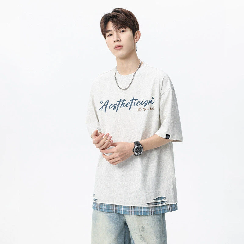 潮流港风印花短袖T恤夏季宽松圆领青年活力薄款聚酯纤维