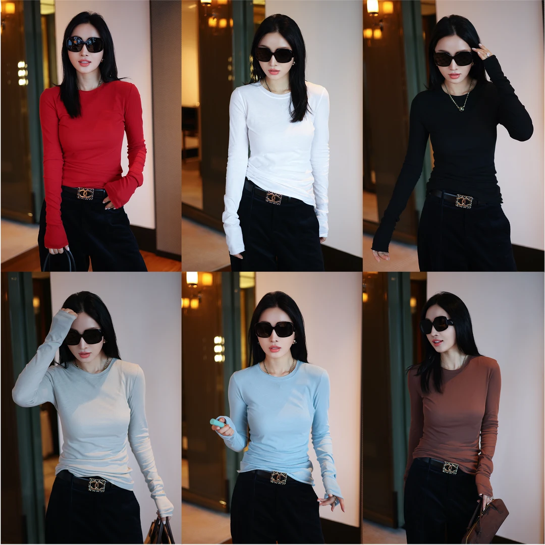 杨圣坤2025秋季新品纯色面膜T恤修身显瘦长袖内搭打底衫SQ258704