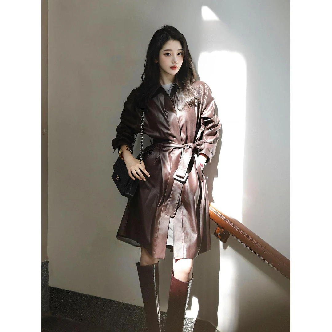 美式覆古咖色巨好看中长款风衣外套女25秋新款酷飒皮衣夹克上衣冬