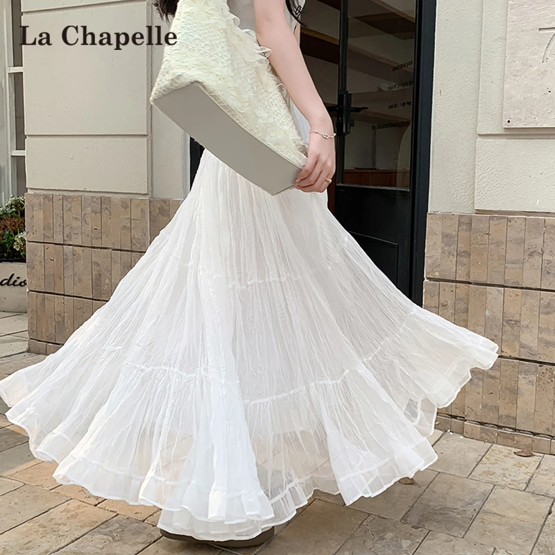 拉夏贝尔白色蛋糕裙女2025夏春高级宽松垂感休闲大码显瘦褶皱纱裙