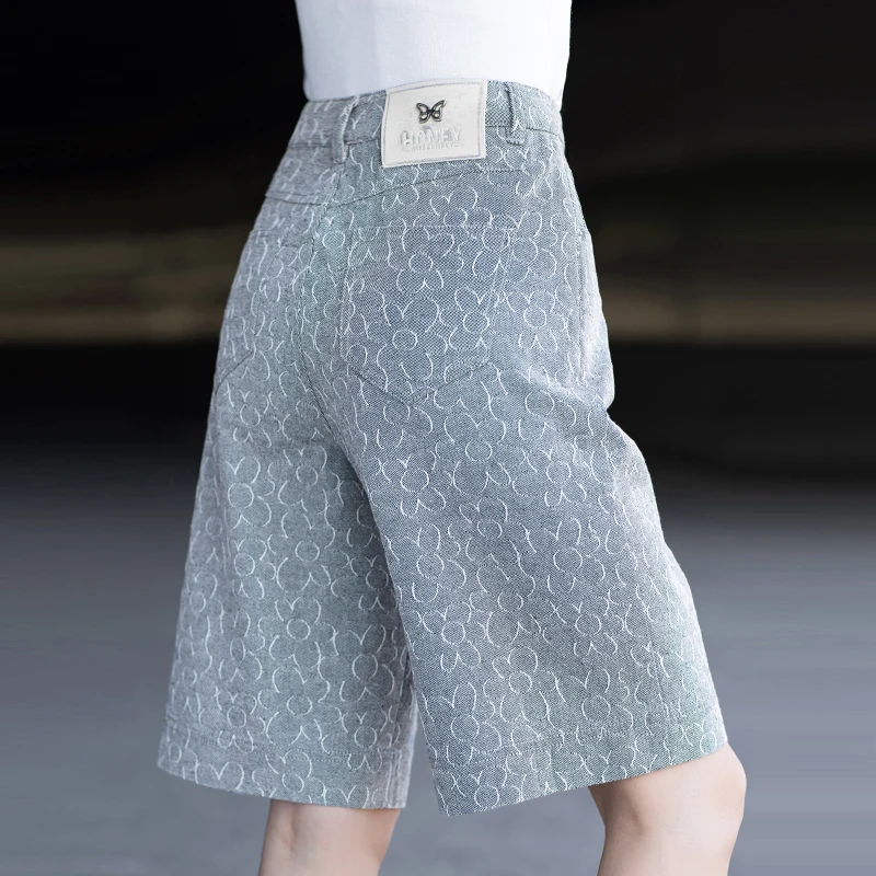 灰色五分牛仔短裤女夏季薄款2025新款高腰提花直筒裤宽松阔腿中裤