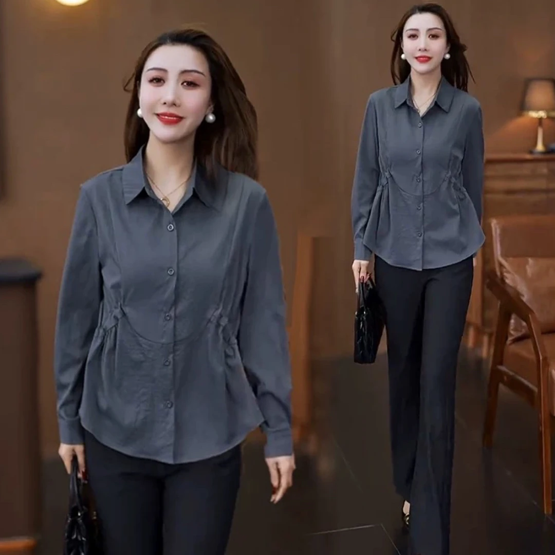 女士收腰宽松显瘦遮肚子休闲衬衫春秋季新款大码衬衣长袖洋气气质