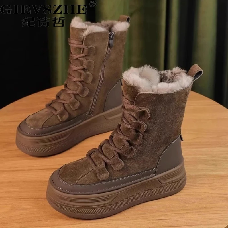 纪诗哲厚底雪地靴女2025新款皮毛一体中筒短靴加绒加厚保暖棉鞋子