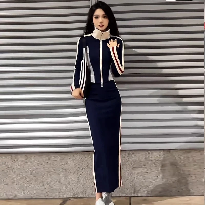 时尚套装裙女2025秋季新款洋气显瘦拼接撞色立领外套半身裙两件套
