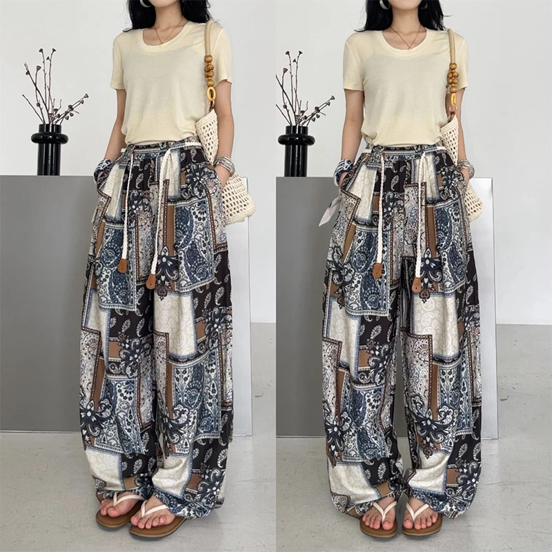 91220波西米亚风复古超薄撞色休闲裤2025年夏季新款宽松阔腿长裤