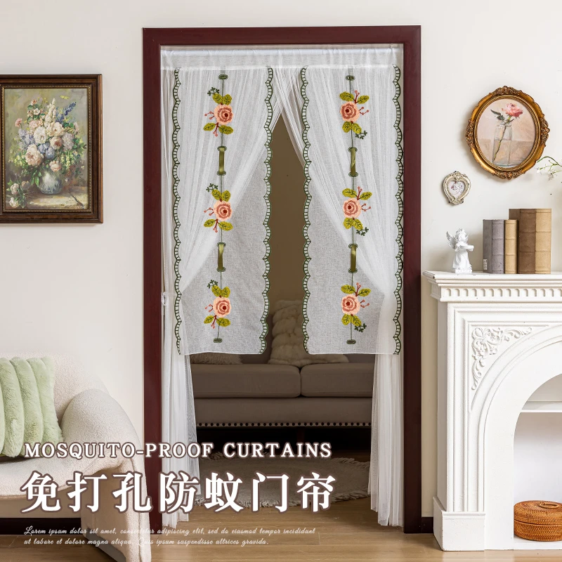 法式蕾丝防蚊门帘纱帘免打孔四季通用隔断帘家用卧室房间帘子